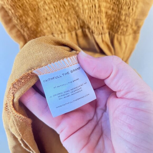 Faithfull The Brand Womens XS Mustard Linen Midi Dress With Bow & Button Detail - Picture 3 of 6